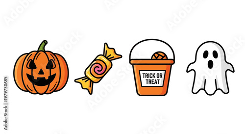 Halloween candy in bucket with pumpkin.