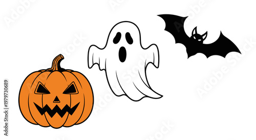 Halloween pumpkin ghost bat icons.