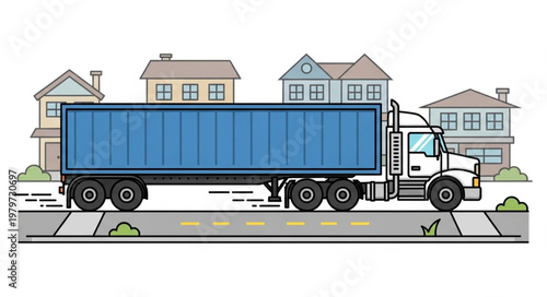 Large blue shipping container truck driving down a suburban street.