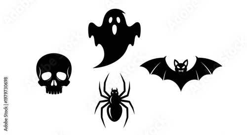 Black Halloween icons on white.