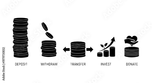 Financial Actions Vector Icons – Deposit, Withdraw, Invest & Donate Coins