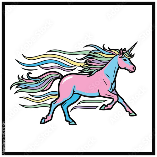 Colorful Unicorn Running Freely Outdoors Now.