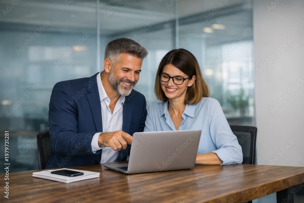 Fototapeta premium Professional colleagues collaborating in a modern office space, focusing on a laptop. Bright glass windows create a clean and open atmosphere.