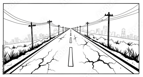 Linear perspective drawing of a cracked asphalt road stretching to the horizon with telephone poles and sparse vegetation.