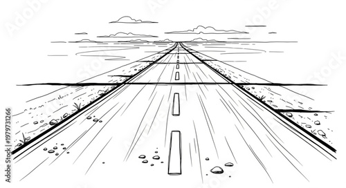 Linear perspective drawing of an empty highway stretching to the horizon.