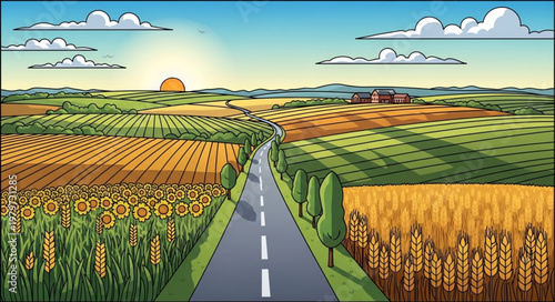 Asphalt road through farm fields landscape.