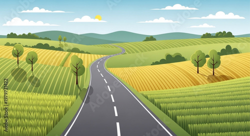 Asphalt Road Through Green Landscape Fields.