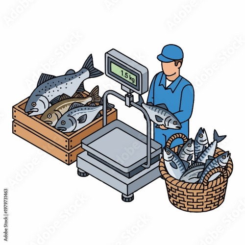 Fisherman weighing fresh fish on digital scale.