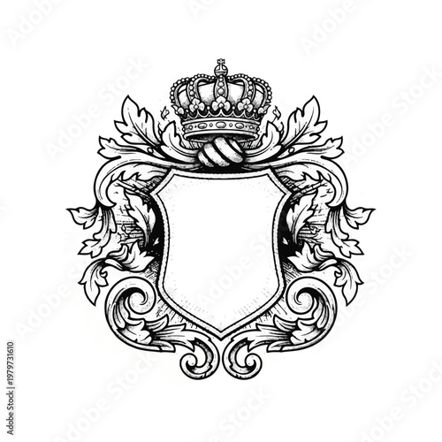Crown on shield with floral design.