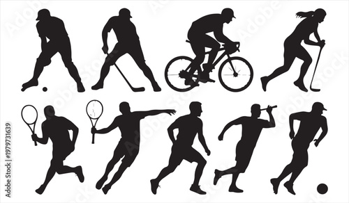Dynamic athlete collection showing multiple sports activities in black silhouette style