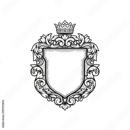 Crown on shield with ornate design.
