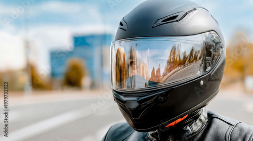 Male motorcyclist wearing black helmet on city street  