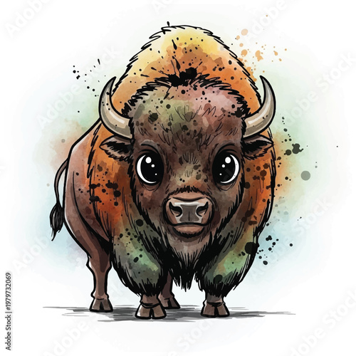 Cute cartoon bison standing strong proudly.