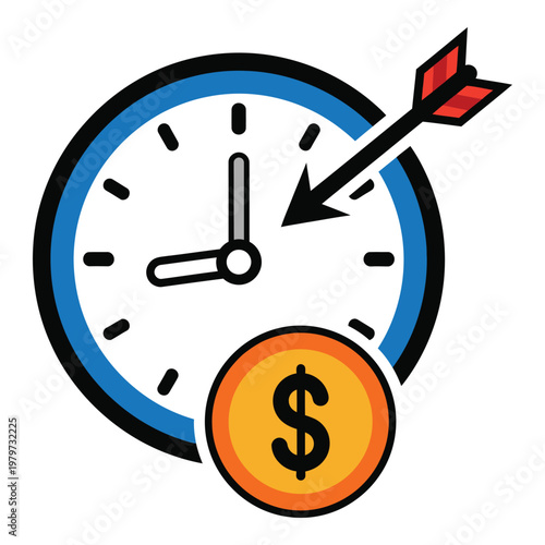 Clock with arrow hitting target and dollar coin symbol  time is money concept icon
