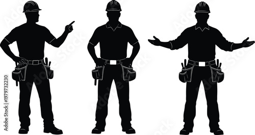Construction worker silhouettes set featuring professional male builders wearing hard hats and tool belts in various gestures isolated on white background for industrial projects.