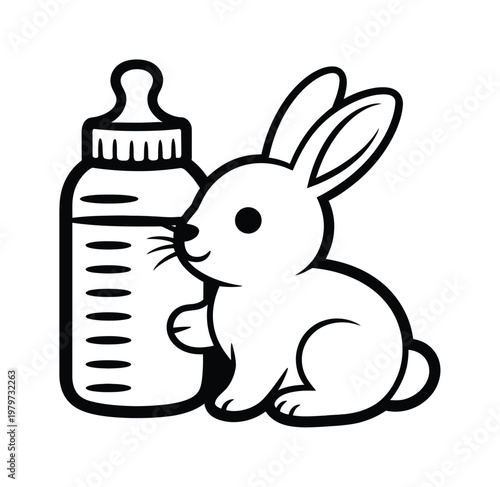 Cute cartoon bunny with baby bottle, black and white