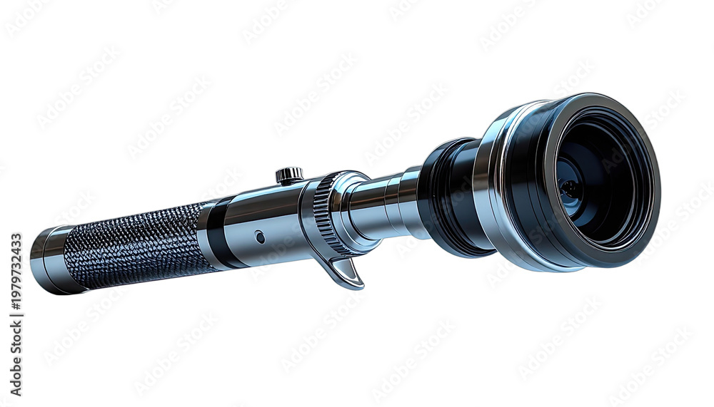 Fototapeta premium A highly detailed 3D render of a polished chrome lightsaber hilt, set against a stark black background.