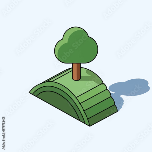 a cartoon tree on a green hill.