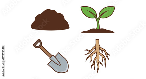Shovel and plant with roots soil.