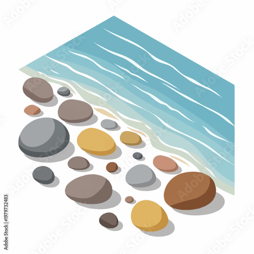 Isometric illustration of beach rocks and shoreline.