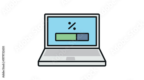 Laptop software update and loading progress icon: portable computer with percentage bar, soft colors offset fill and black line vector illustration.