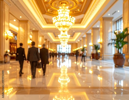 Business professionals walking in luxurious hotel lobby.
