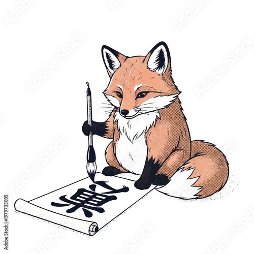 Cute Fox Writing Calligraphy Characters.