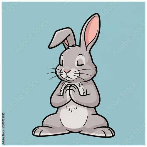 Cute gray rabbit in meditation pose.