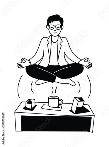 Man in business attire levitating in lotus position above desk with coffee and