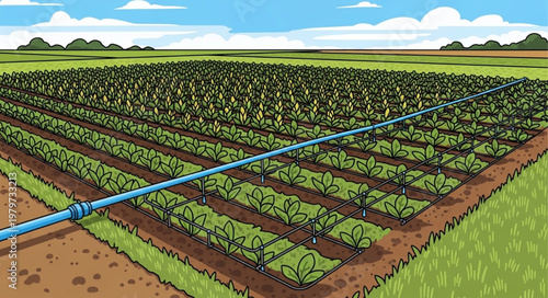 Irrigation system watering crop field.