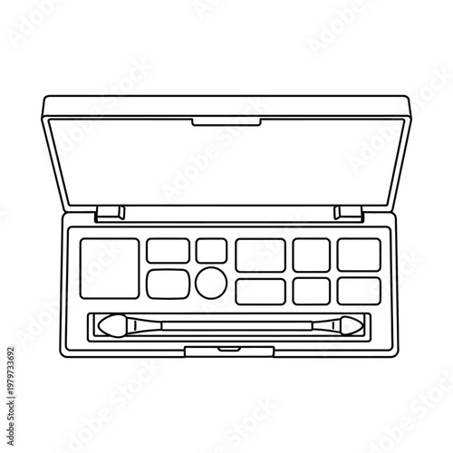 Line art illustration of an open eyeshadow palette with multiple shades and an applicator brush, ready for makeup application.
