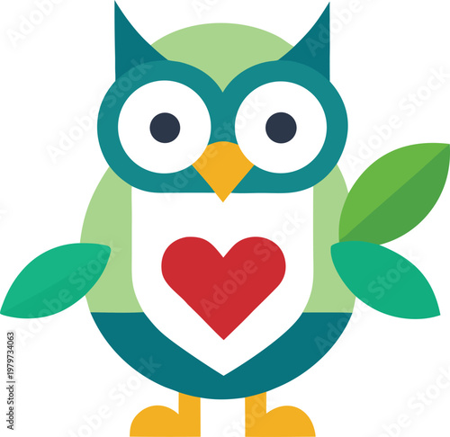 Wise owl with green leaf and red heart vector logo design element