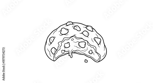 Chocolate chip cookie broken open with soft melted center, minimalist black and white vector line art