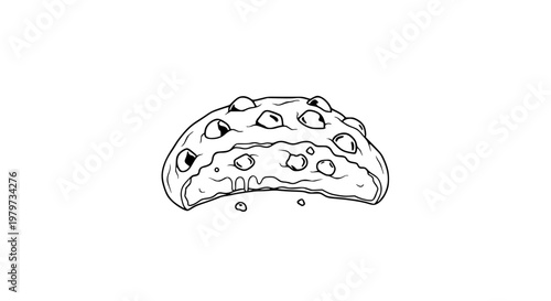 Chocolate chip cookie broken open with soft melted center, minimalist black and white vector line art