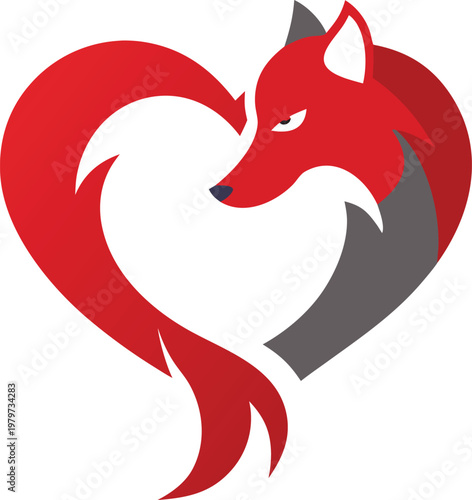 Aggressive red fox silhouette forming heart shape vector illustration