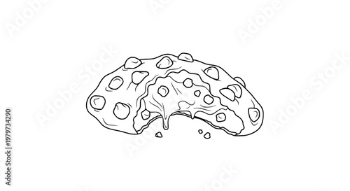 Chocolate chip cookie broken open with soft melted center, minimalist black and white vector line art