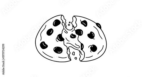 Chocolate chip cookie broken open with soft melted center, minimalist black and white vector line art