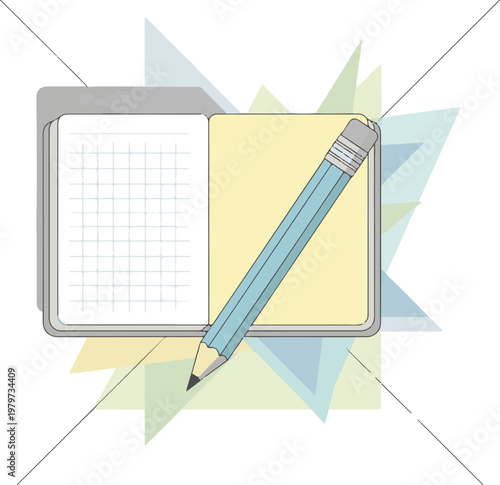 Open notebook with a pencil lying across the pages prepared for writing important notes or creative artistic sketches