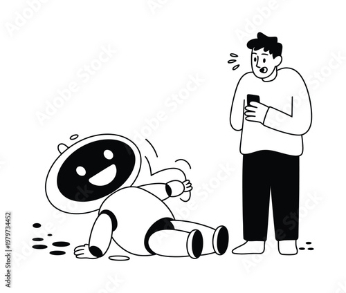 Surprised Man Watches Robot Fall Over with Spilled Coffee