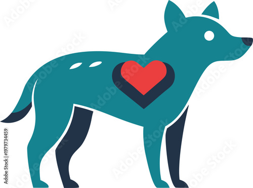 Cuadro en lienzo A stylized teal canine figure with dark blue legs and a prominent red heart on i