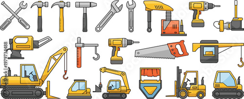 Construction Equipment And Industrial Tool Vector Set Featuring Excavators Forklifts Power Drills Wrenches And Hammers For Building Engineering And Heavy Machinery Graphic Designs
