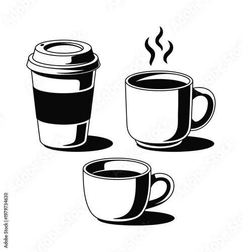Three cups of coffee: a to-go cup, a steaming mug, and a small espresso cup
