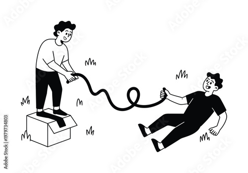 Two people playing tug-of-war with a rope in a grassy area