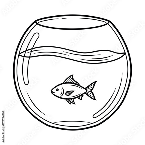 Simple line art illustration of a single fish swimming in a classic round glass fishbowl filled with water, black and white drawing.