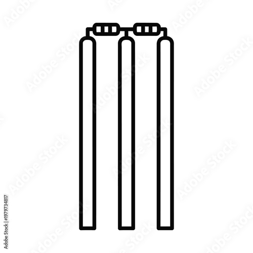 Simple black and white line art illustration of cricket stumps with bails, representing the sport of cricket.