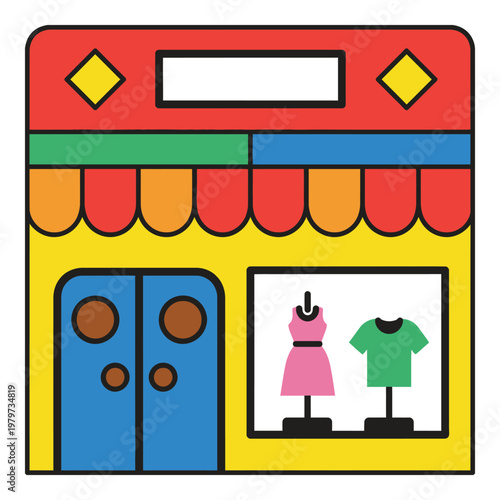 Colorful cartoon illustration of clothing storefront with dress and tshirt in window display icon
