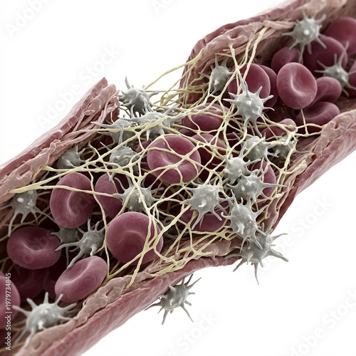 Scientific 3D Render of a Blood Clot Forming Inside a Vein with Red Blood Cells and Platelets Trapped in Fibrin Mesh