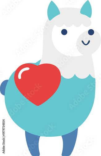A cute cartoon alpaca with a light blue body and a red heart on its side, standing and smiling. Vector, illustration