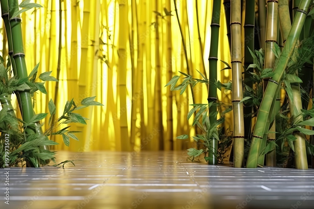 Obraz premium Indoor Bamboo Plant Against Yellow Wall – Minimal Modern Interior Decor