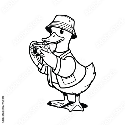 Duck holding camera and wearing hat.